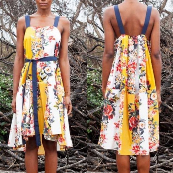 Katharine Kidd Lalita Yellow & Navy Flowy Floral Dress - Picture 2 of 16